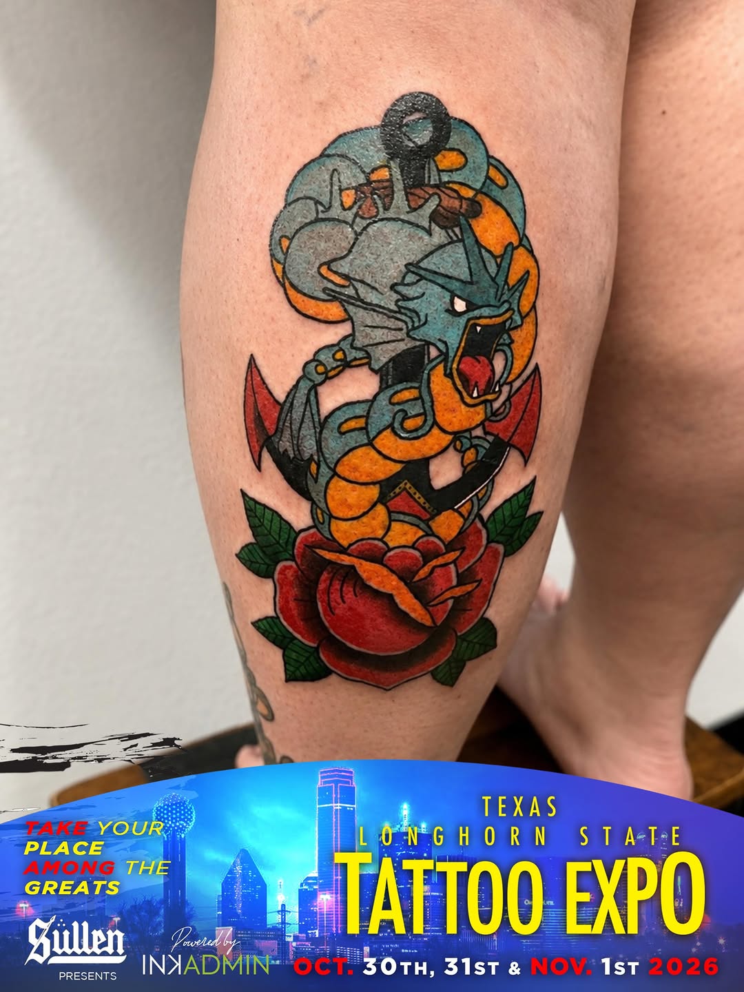 Gyaryados and rose with anchor tattoo on the leg by Derek Ream