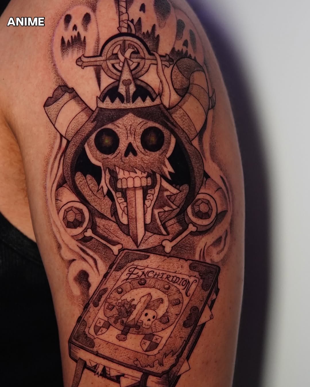 Tattoo by @moe_tatts β anime, black_and_grey