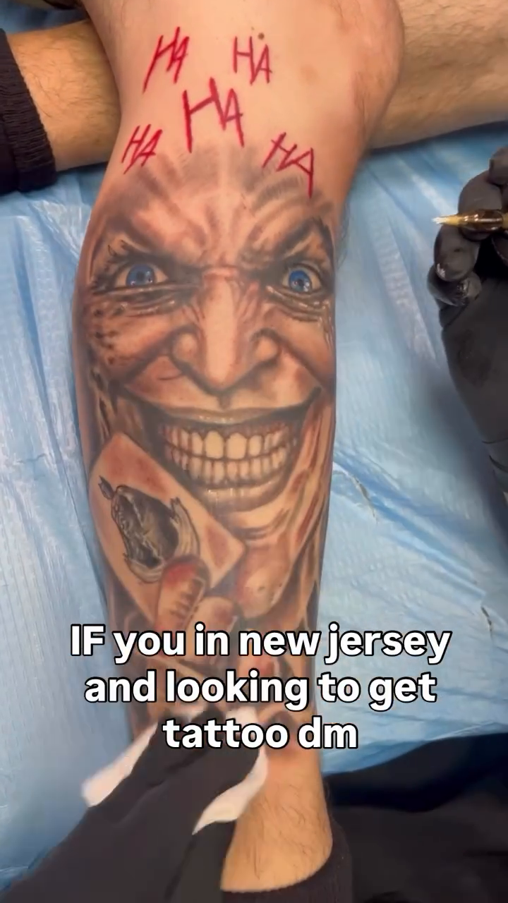 Joker face tattoo realism tattoo on the leg by InkbyEase, Wayne, New Jersey