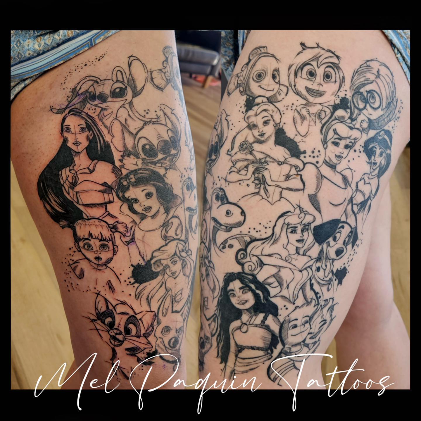 Disney princesses dotwork tattoo on the thigh by Mel Paquin