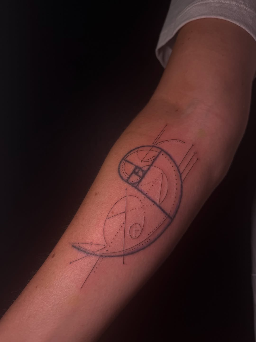 Fibonacci spiral and geometric shapes sketch tattoo on the forearm by Ink Darling, Carlisle, Iowa