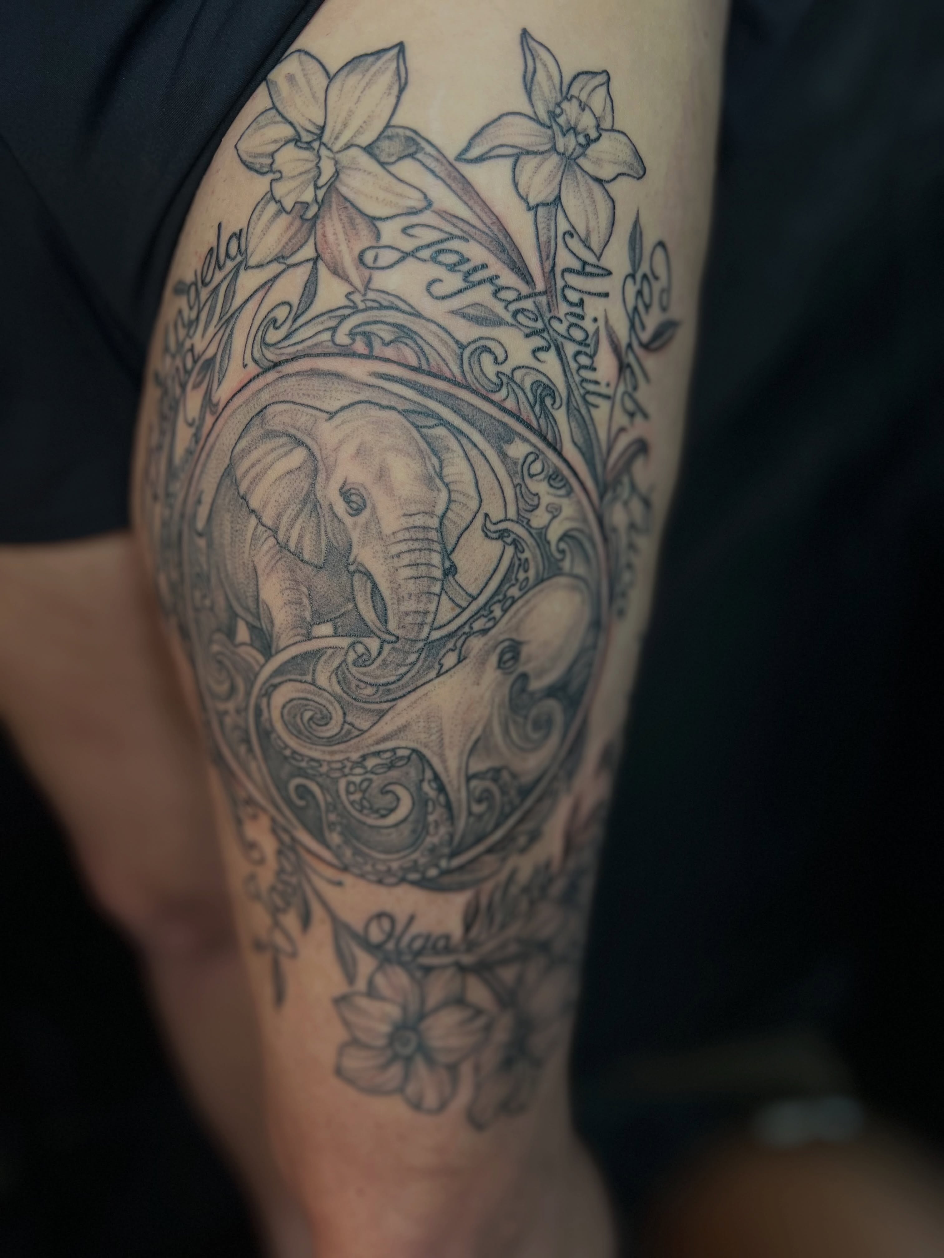 Elephant and flowers ornamental tattoo on the forearm by Simón, Newington, Connecticut