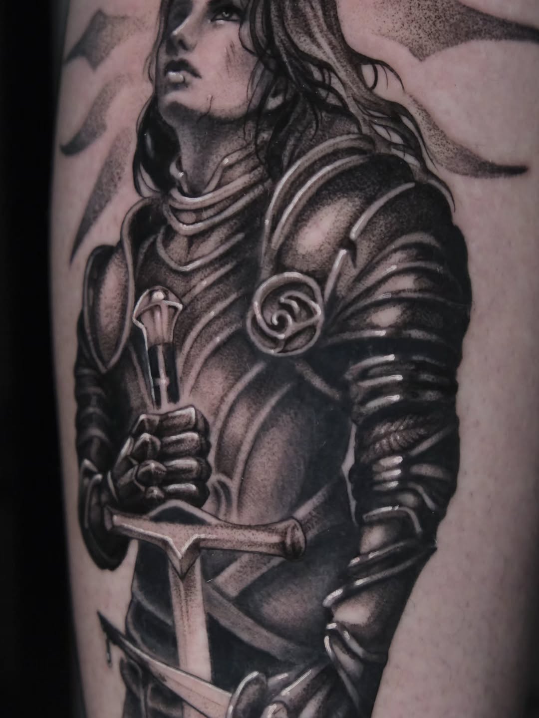 Female knight with sword realism tattoo on the forearm by Tash  - Seattle Tattoo Artist