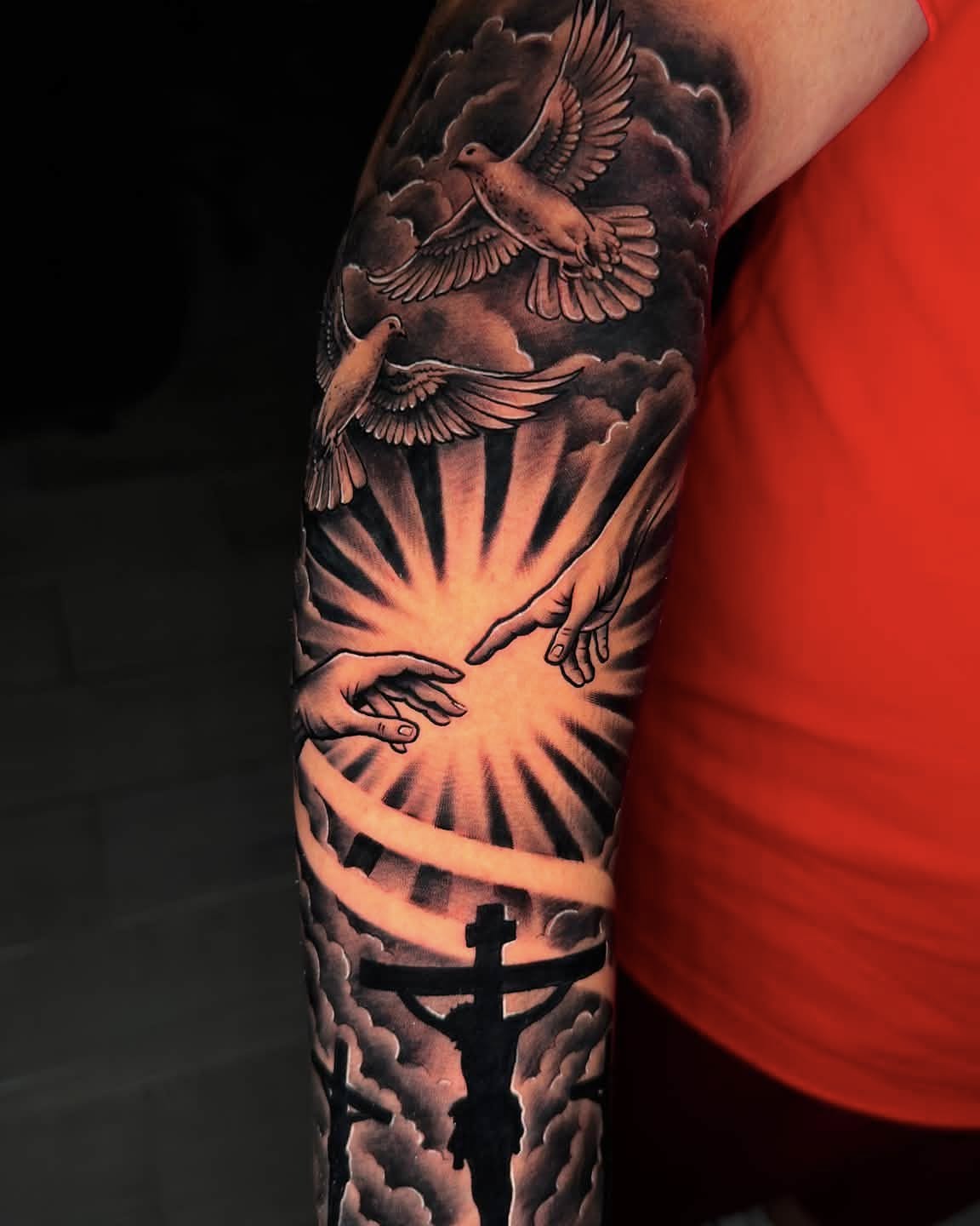 Religious symbolism realism tattoo on the forearm by Ayala Jose
