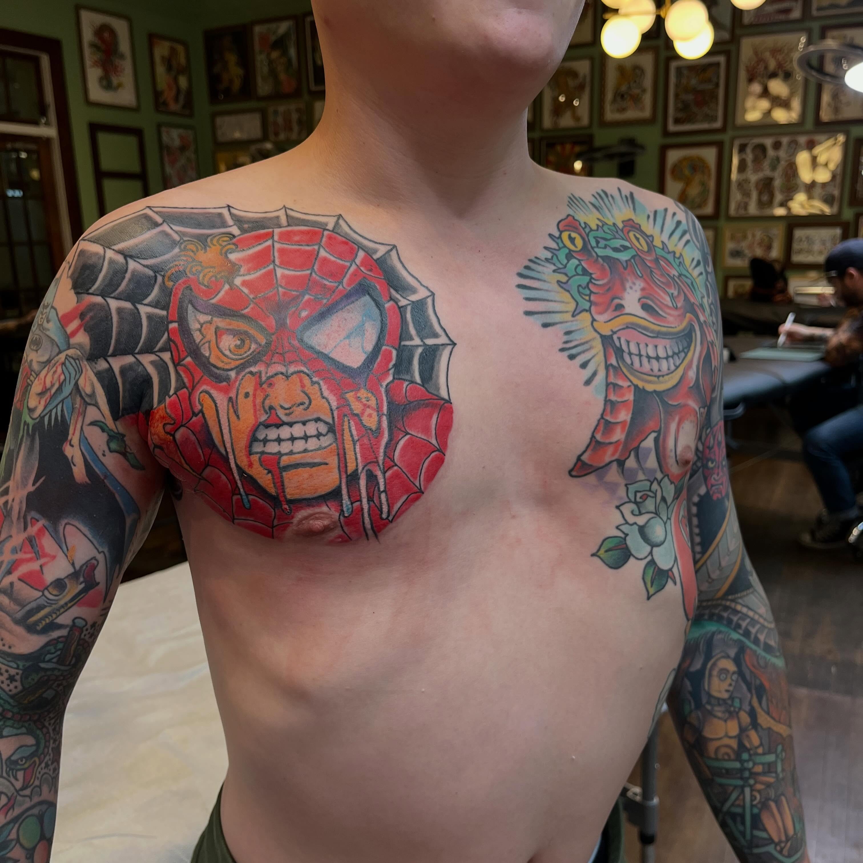 Spider-like creature American traditional tattoo on the chest by Chris Kline