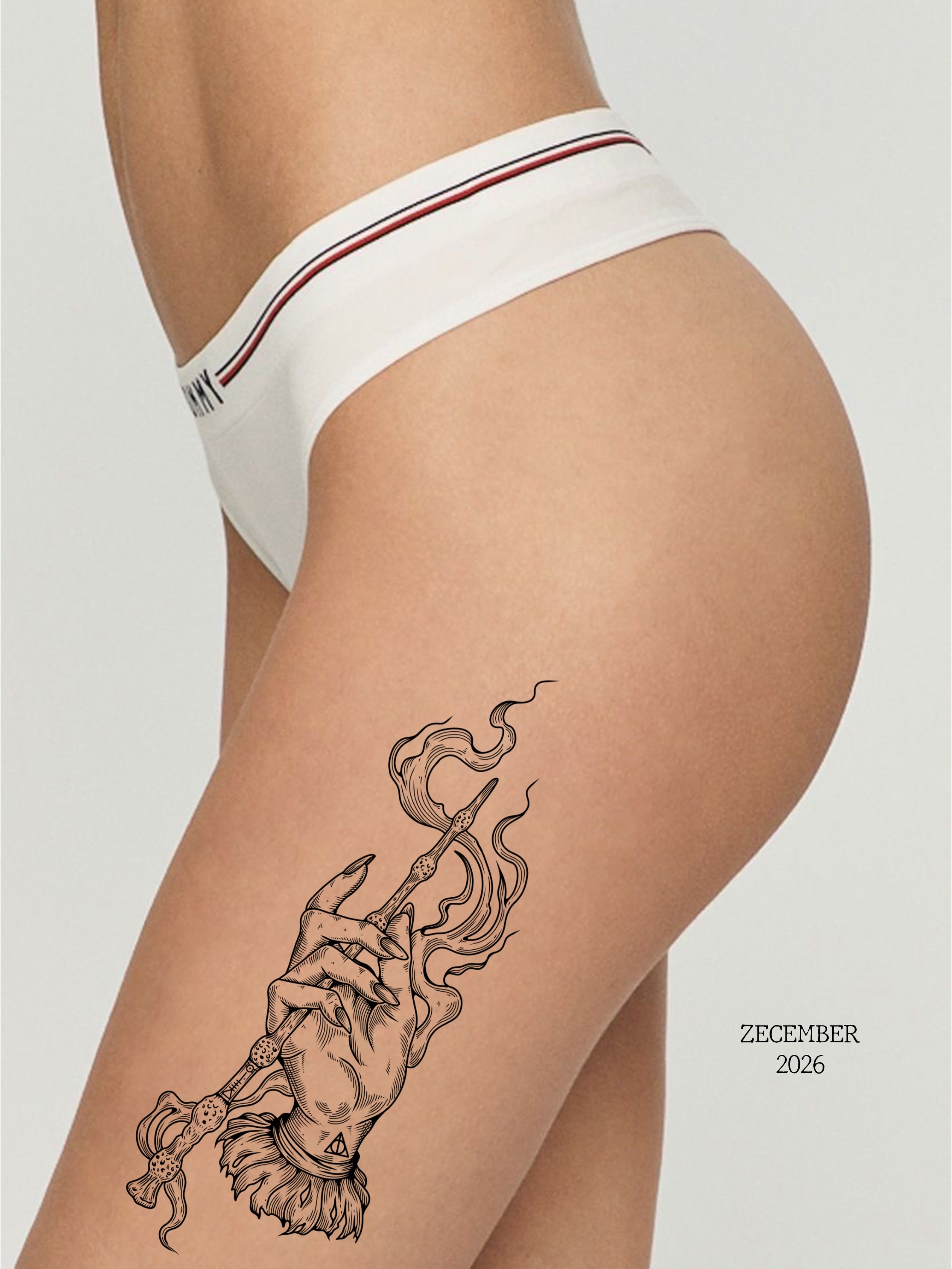 Smoking figure black and grey tattoo on the thigh by Zecember