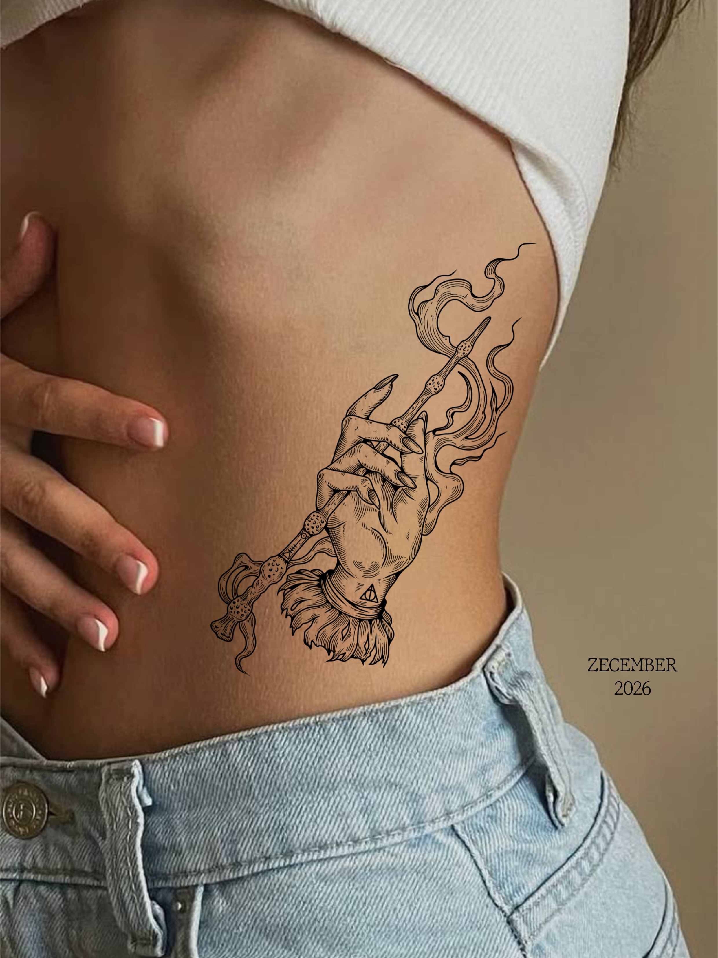 Smoking hand black and grey tattoo on the ribs by Zecember