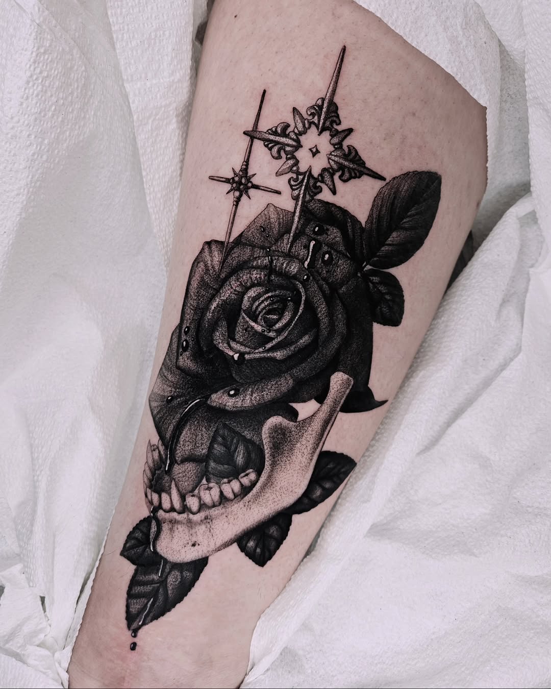 Tattoo by @fermented_ink — black_and_grey, realism