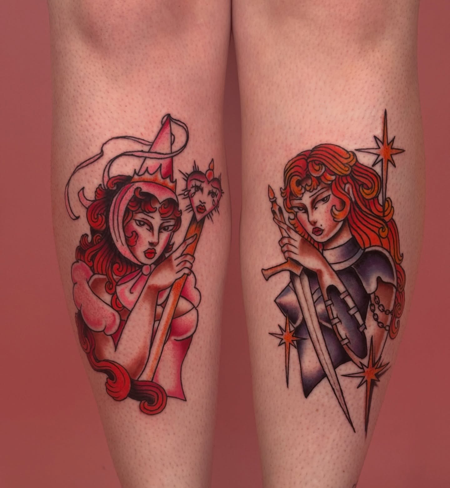 Red-haired woman with sword American traditional tattoo on the forearm by Car🦋🌈 Dallas Tattoo Artist💖