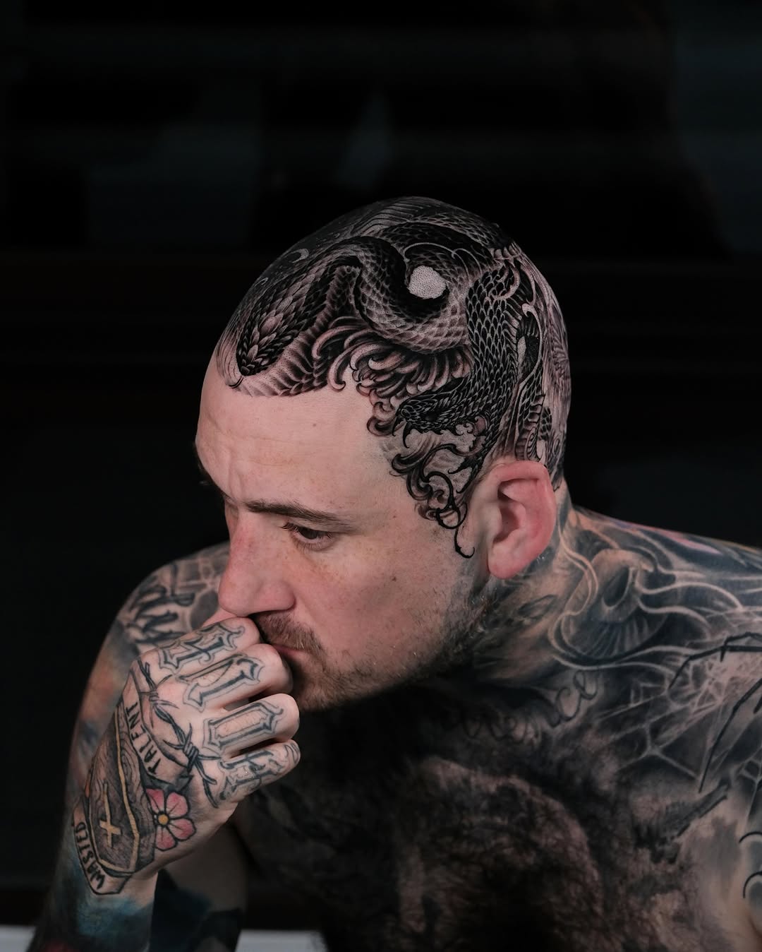 Dragon and waves Japanese tattoo on the head by Yujin Ju