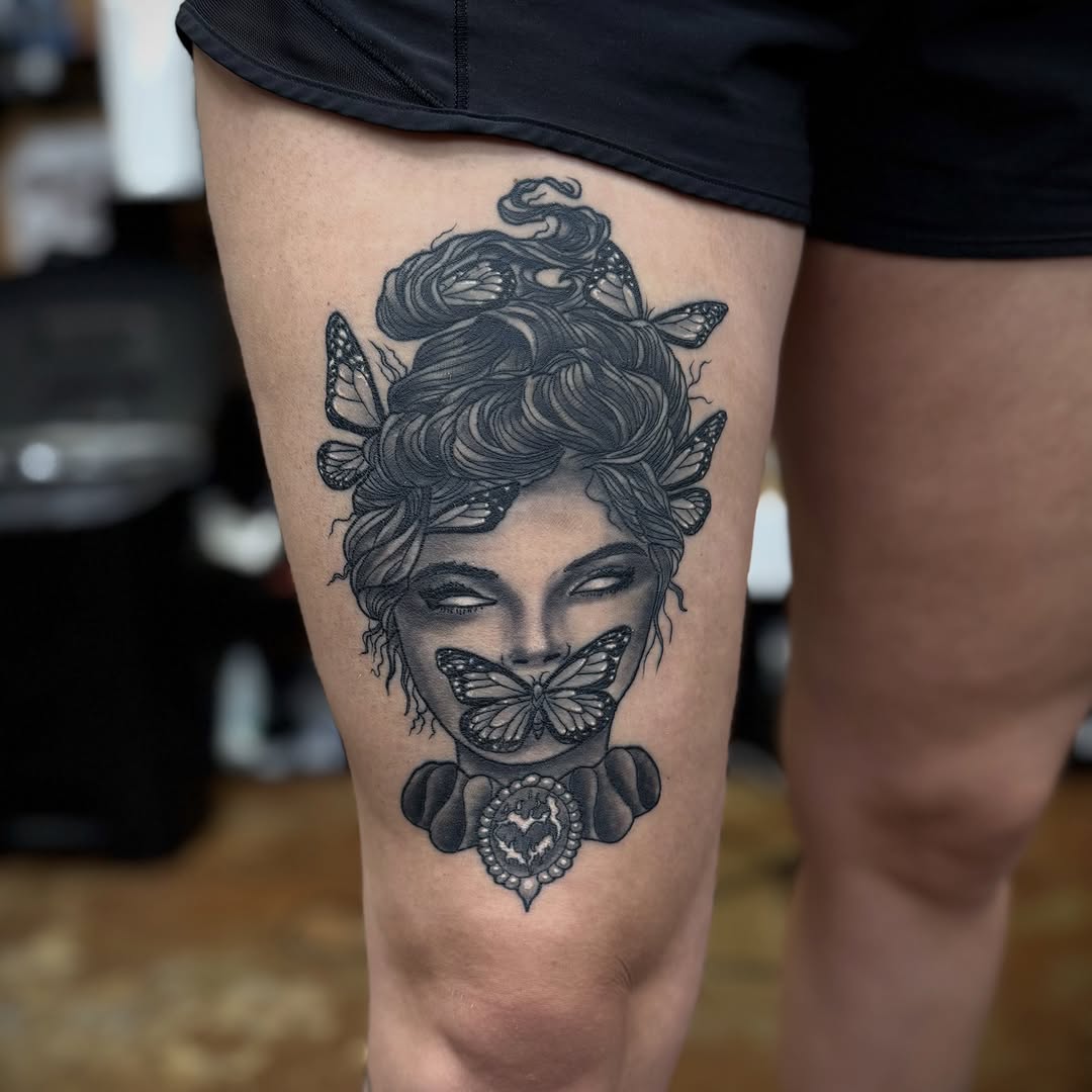 Tattoo by @oldfeatherfingers — black_and_grey, dark_realism