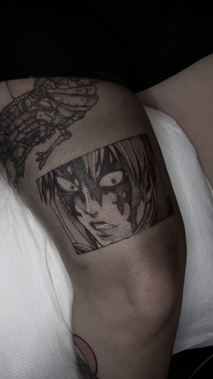 Tattoo by @harleetattoos — anime, black_and_grey