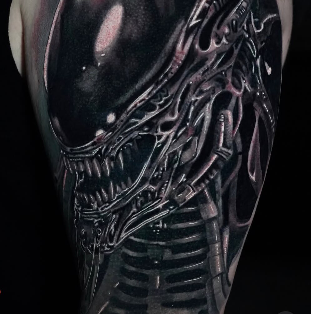 Alien Xenomorph head realism tattoo on the forearm by Joshua Phillips, Mansfield, Ohio
