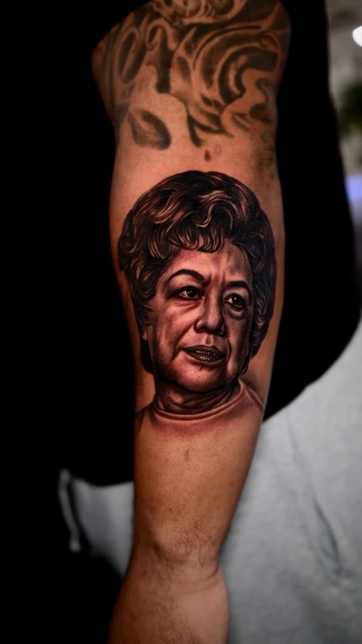 Portrait of an elderly woman Chicano tattoo on the forearm by Dallas tattoo artist