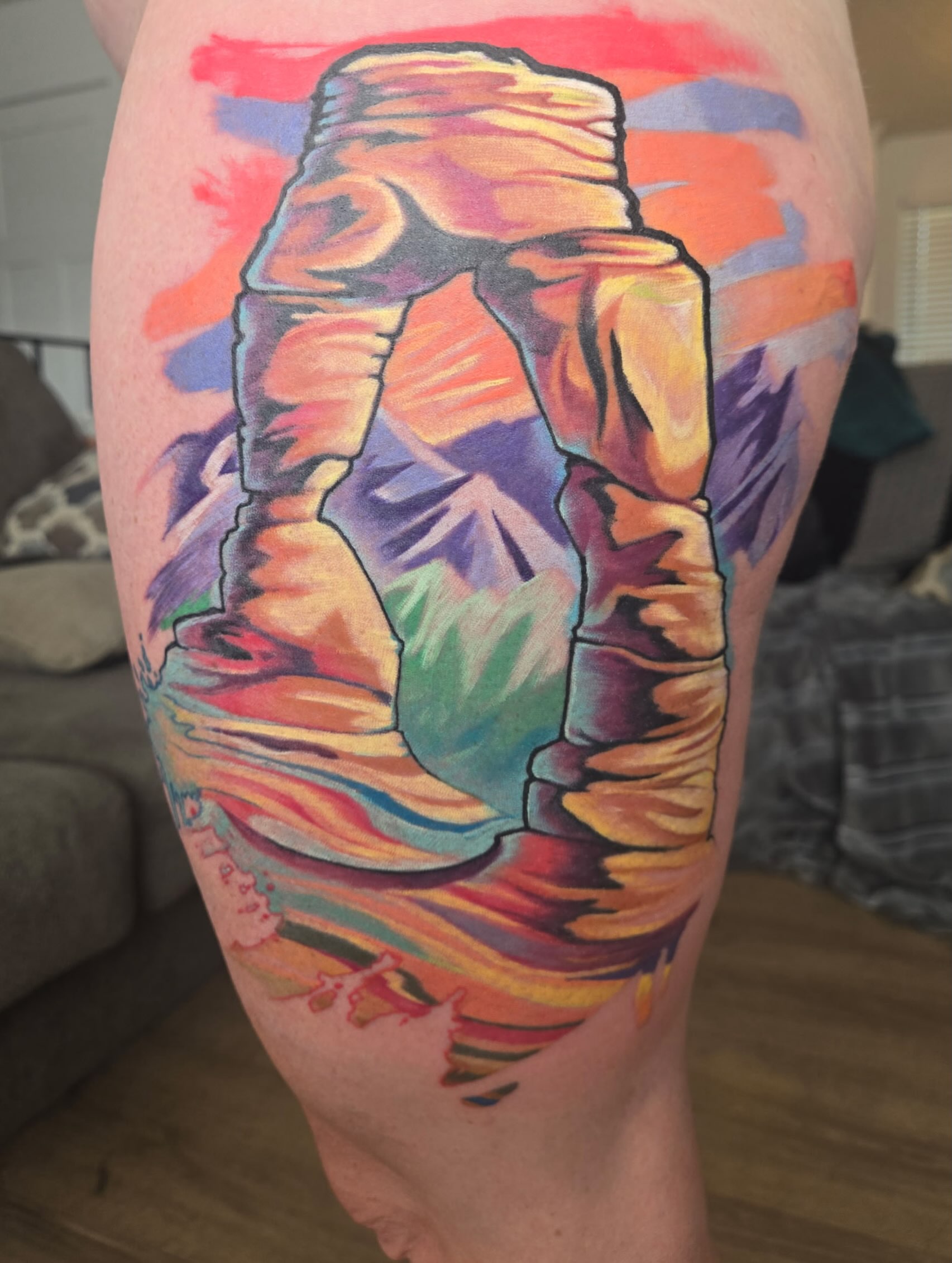 Arch formation new school tattoo on the thigh by Tatgunjoe, Salt Lake City, Utah