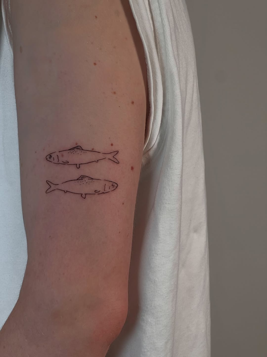 Two fish fine line tattoo on the forearm by Jules Ink ⋆ Fineline Tattoo