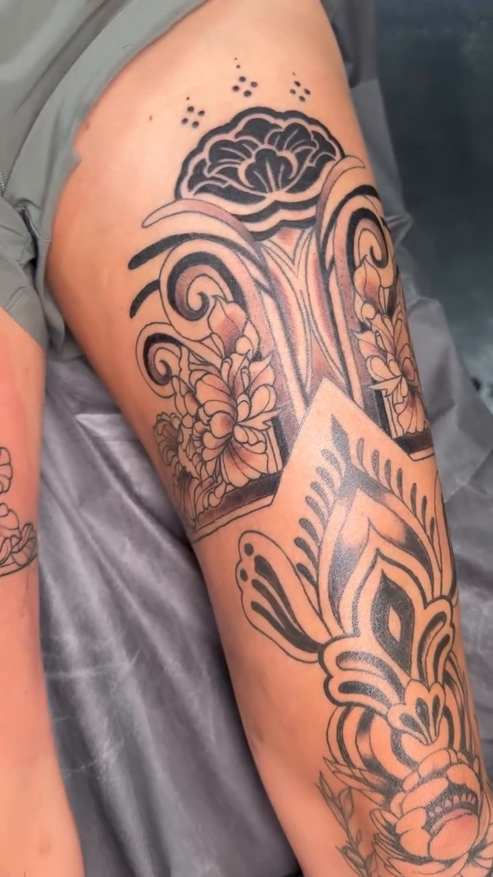 Tattoo by @hayleythomastattoos — black_and_grey, ornamental
