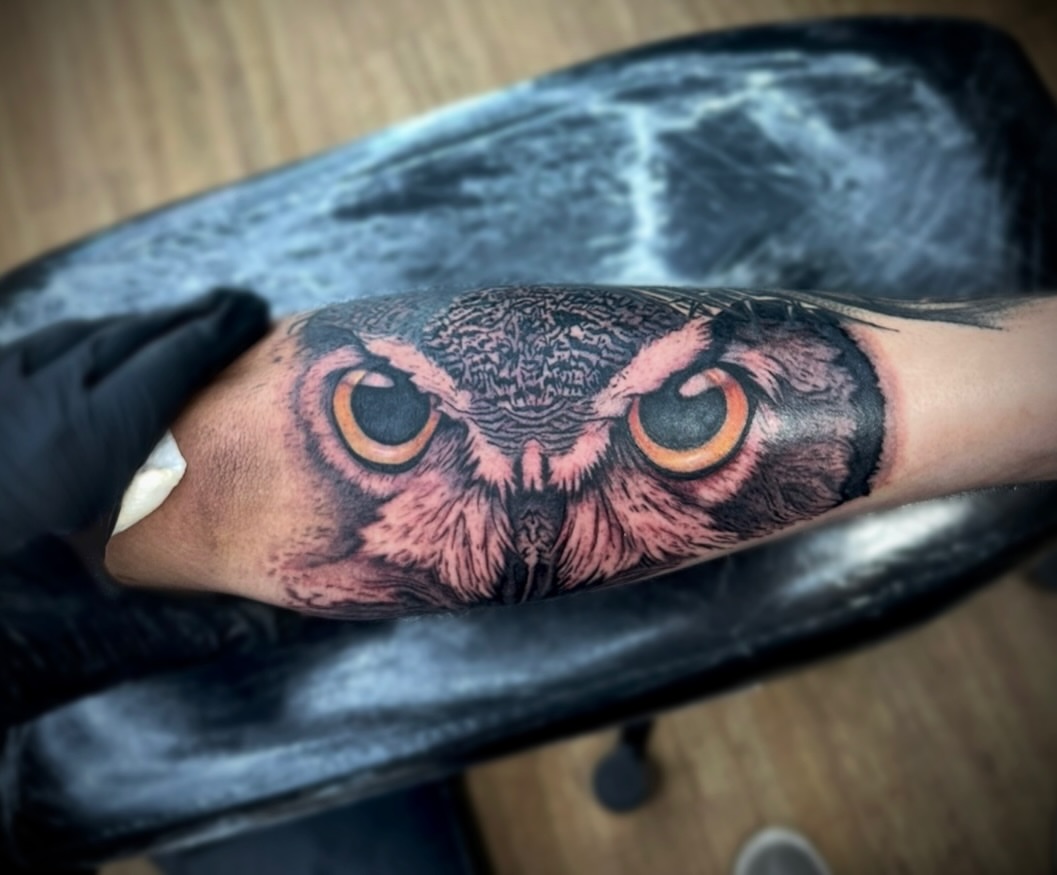 Owl realism tattoo on the forearm by Jack