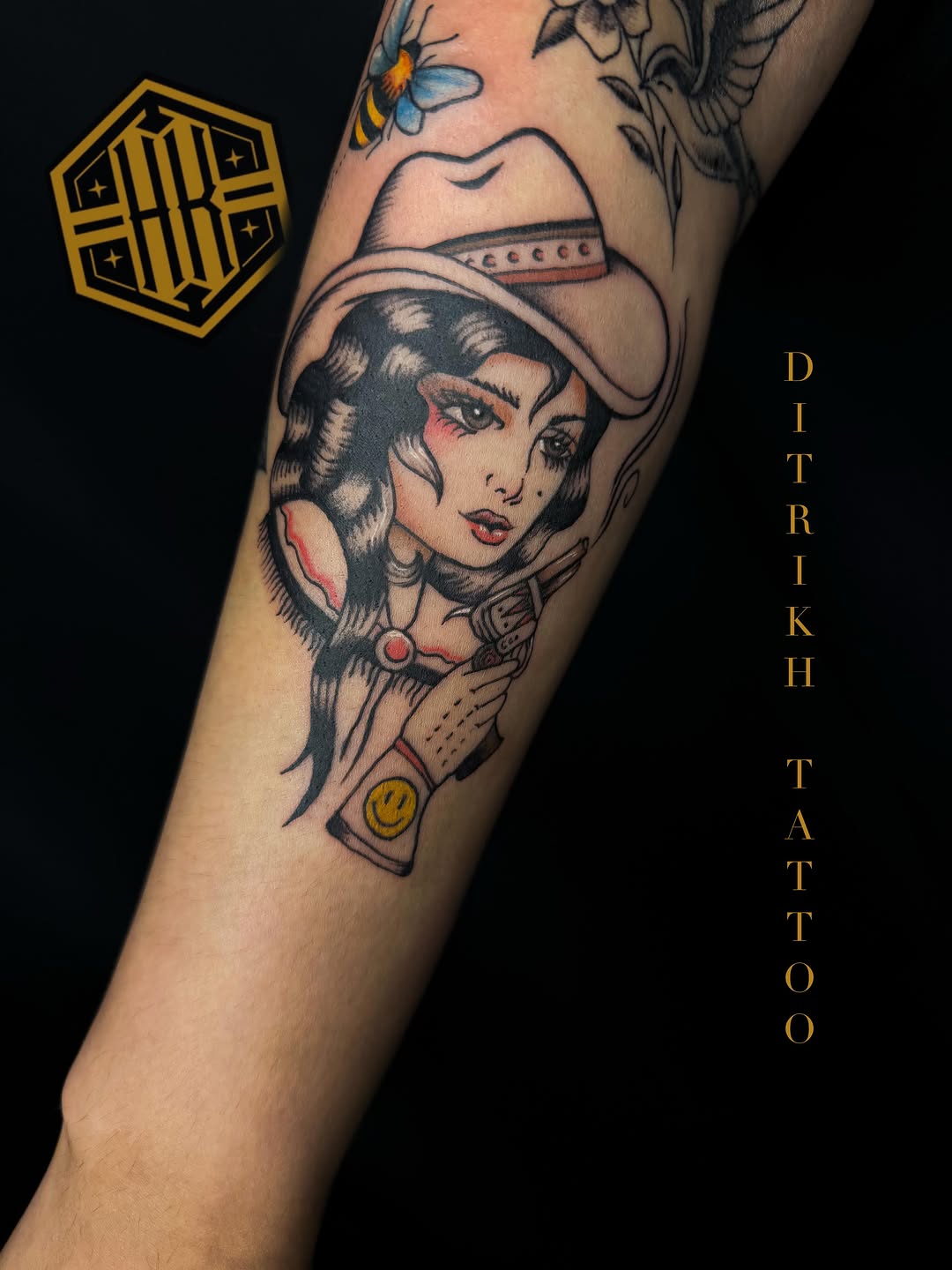 Cowgirl with gun neo-traditional tattoo on the forearm by KET, Calgary, Alberta