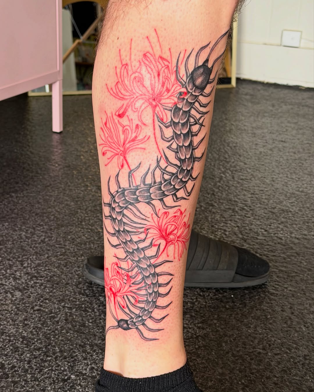 Centipede and spider lilies American traditional tattoo on the calf by Sophia, New Carlisle, Ohio