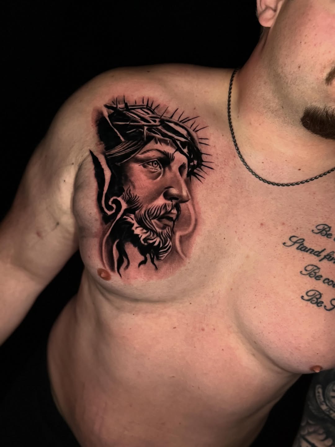 Jesus Christ portrait realism tattoo on the chest by Adrián Banuelos