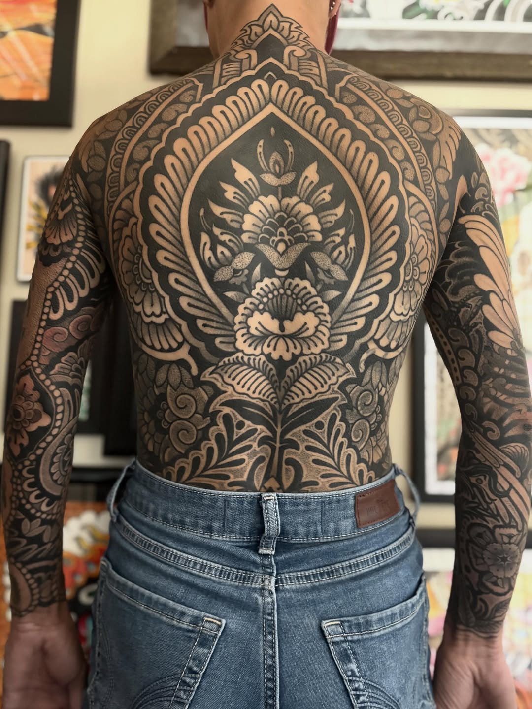 Ornamental back and sleeve tattoo tribal tattoo on the back by Pat Moser