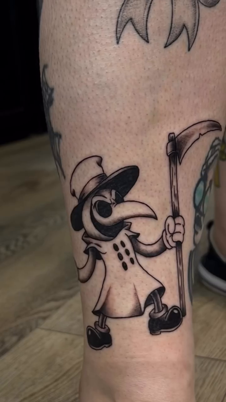 Plague doctor with scythe surrealism tattoo on the forearm by ꧁༺𝔅𝔦𝔤 ℭ𝔥𝔲𝔫𝔤𝔲𝔷༻꧂, San Diego, California