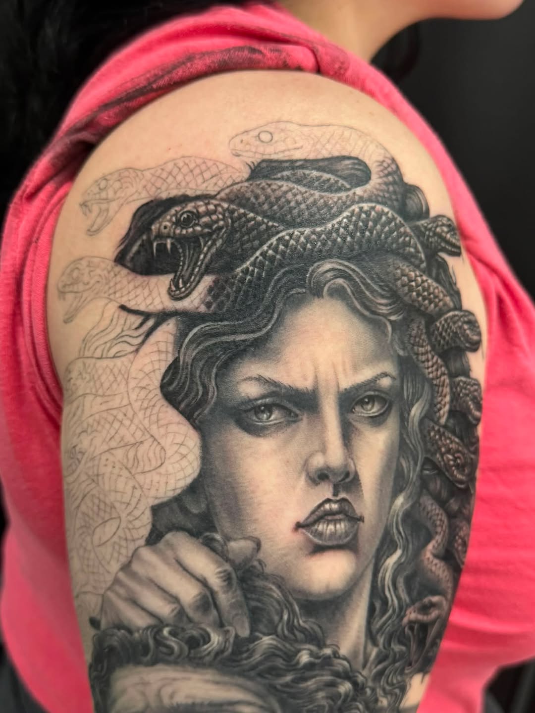 Medusa with snakes realism tattoo on the shoulder by Skott Kautman, Dubuque, Iowa