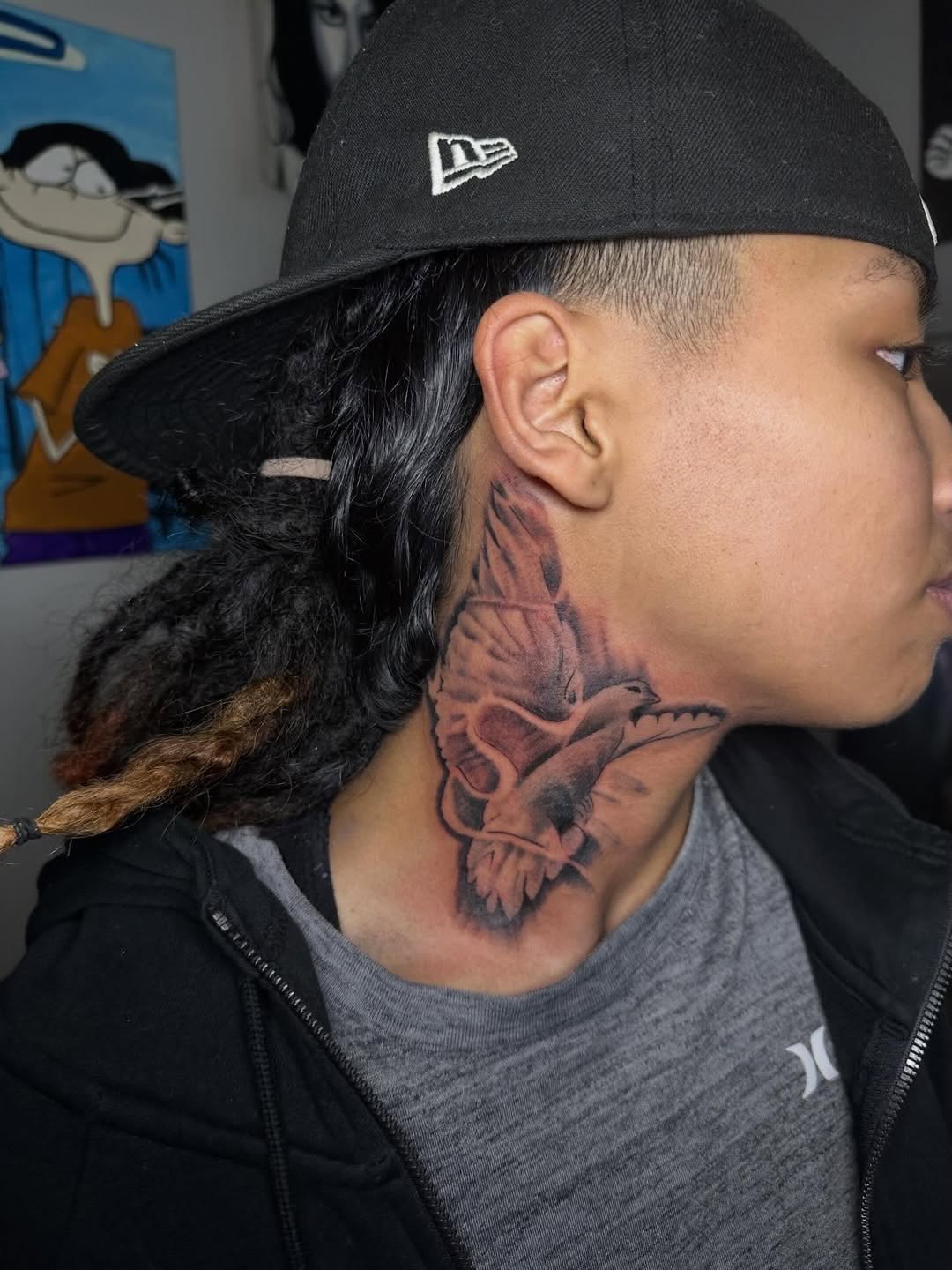 Dove fine line tattoo on the neck by Inkby_larry