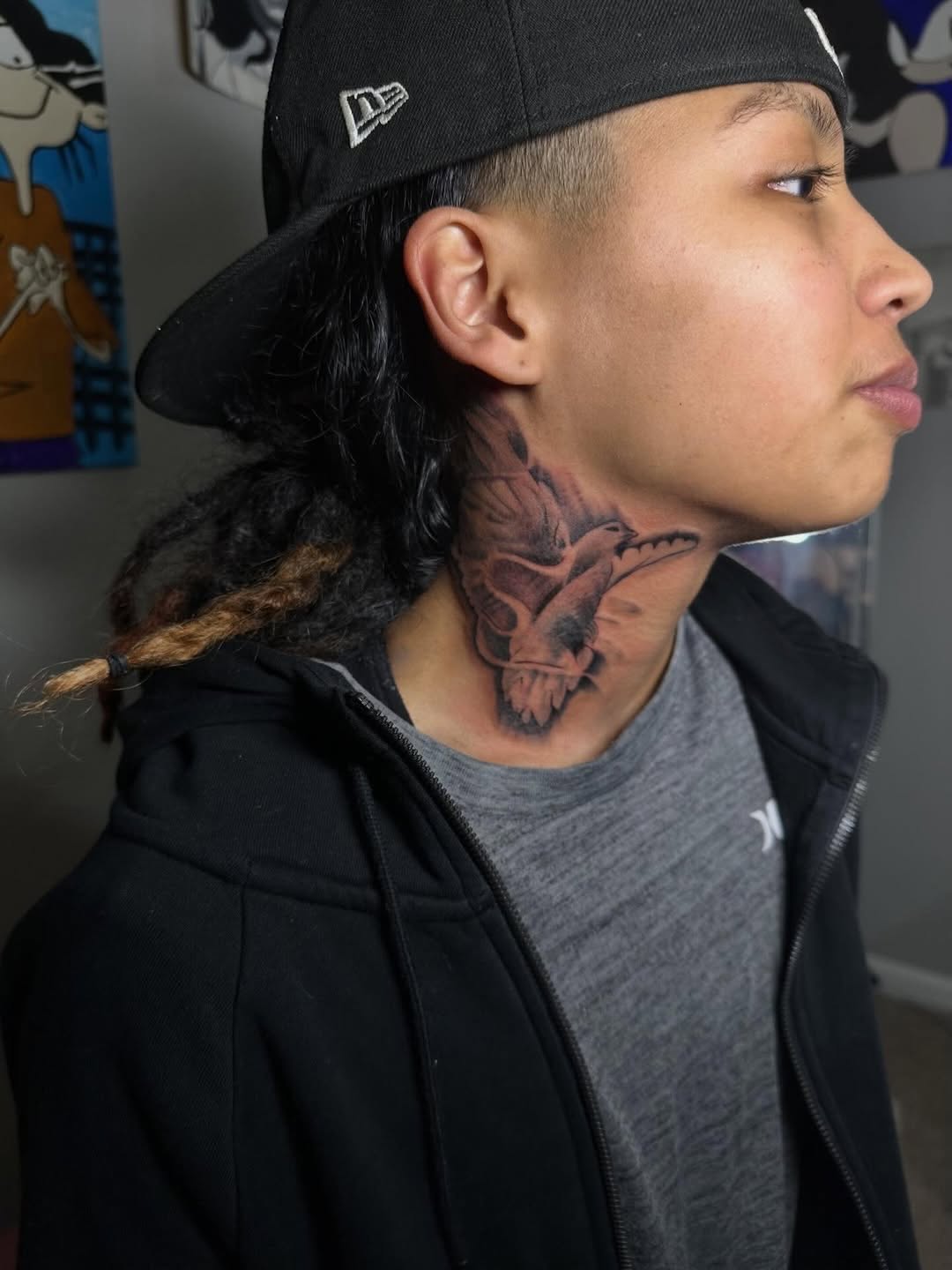 Skull and bird realism tattoo on the neck by Inkby_larry