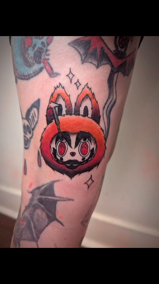 Cartoon character with red hood new school tattoo on the forearm by Payton
