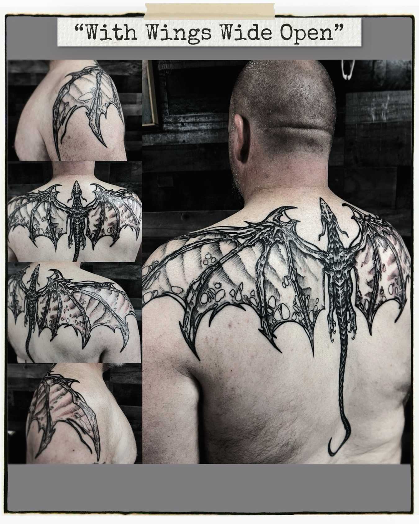 Dragon wings black and grey tattoo on the back by Hugh Anthony Washington, Hattiesburg, Mississippi