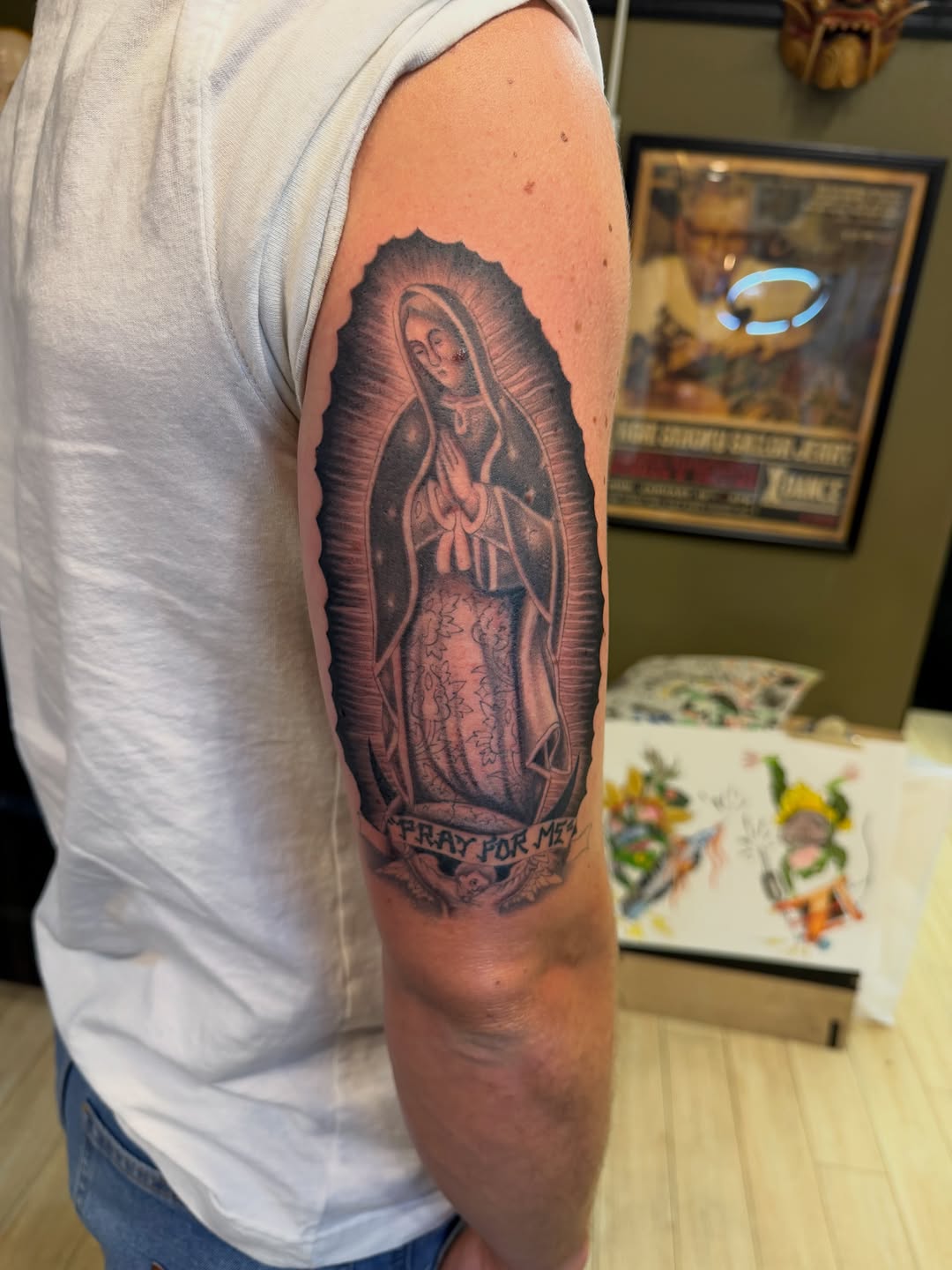 Virgin Mary Chicano tattoo on the forearm by Winston Thai