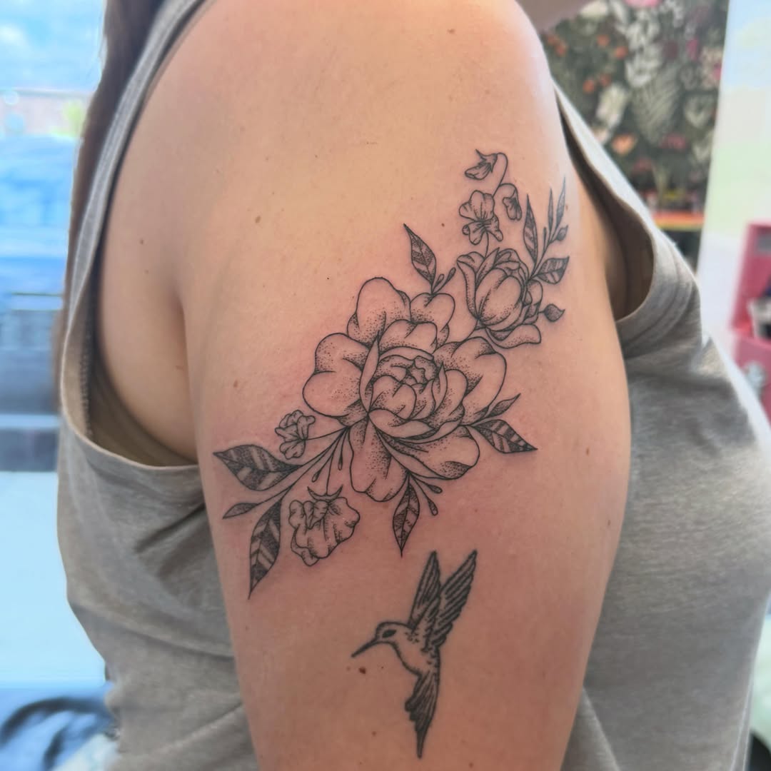 Floral bouquet dotwork tattoo on the shoulder by ✨olivia