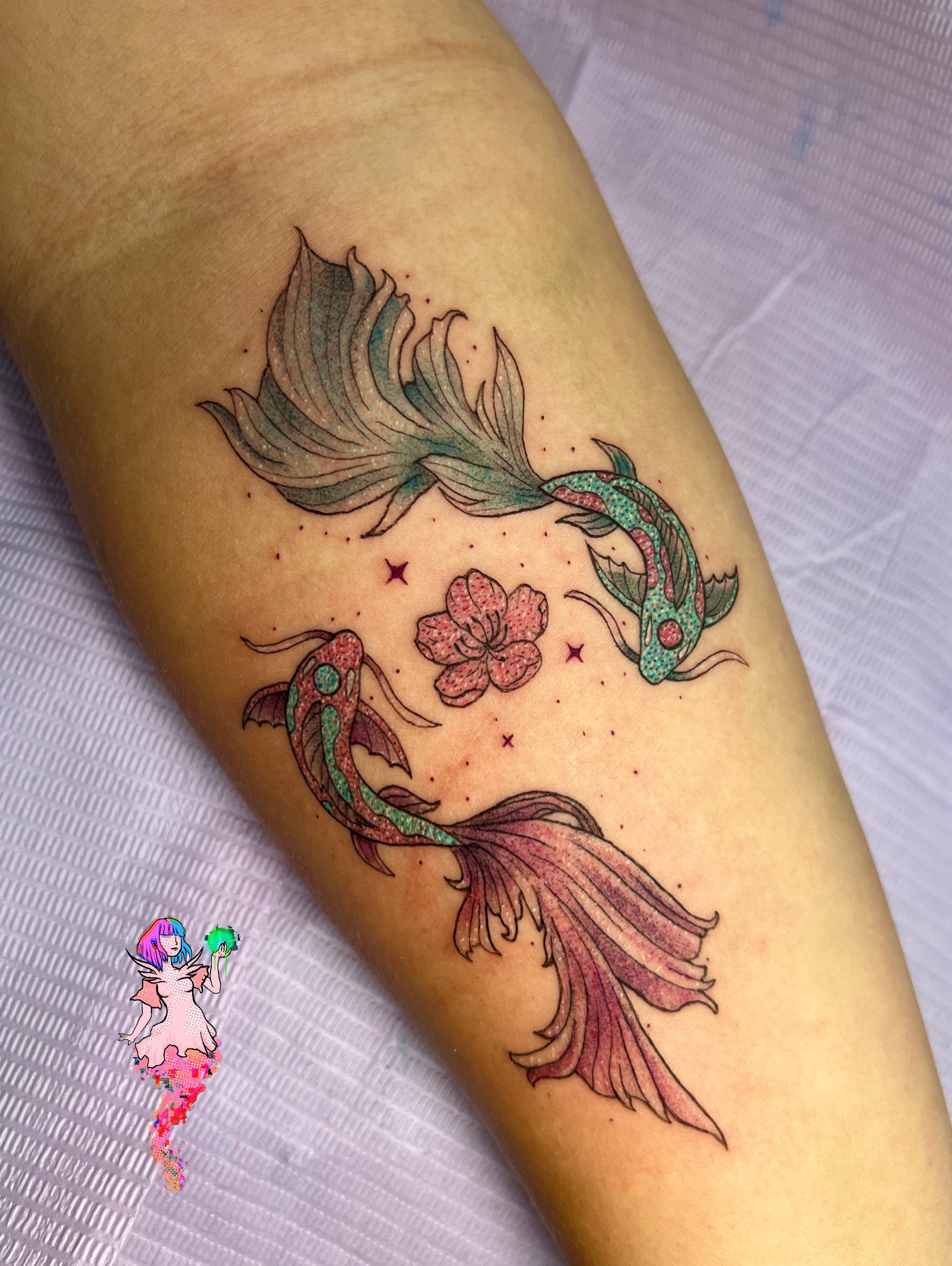 Koi fish and cherry blossom dotwork tattoo on the forearm by Aguaviva.uv Tattoos 🇵🇷