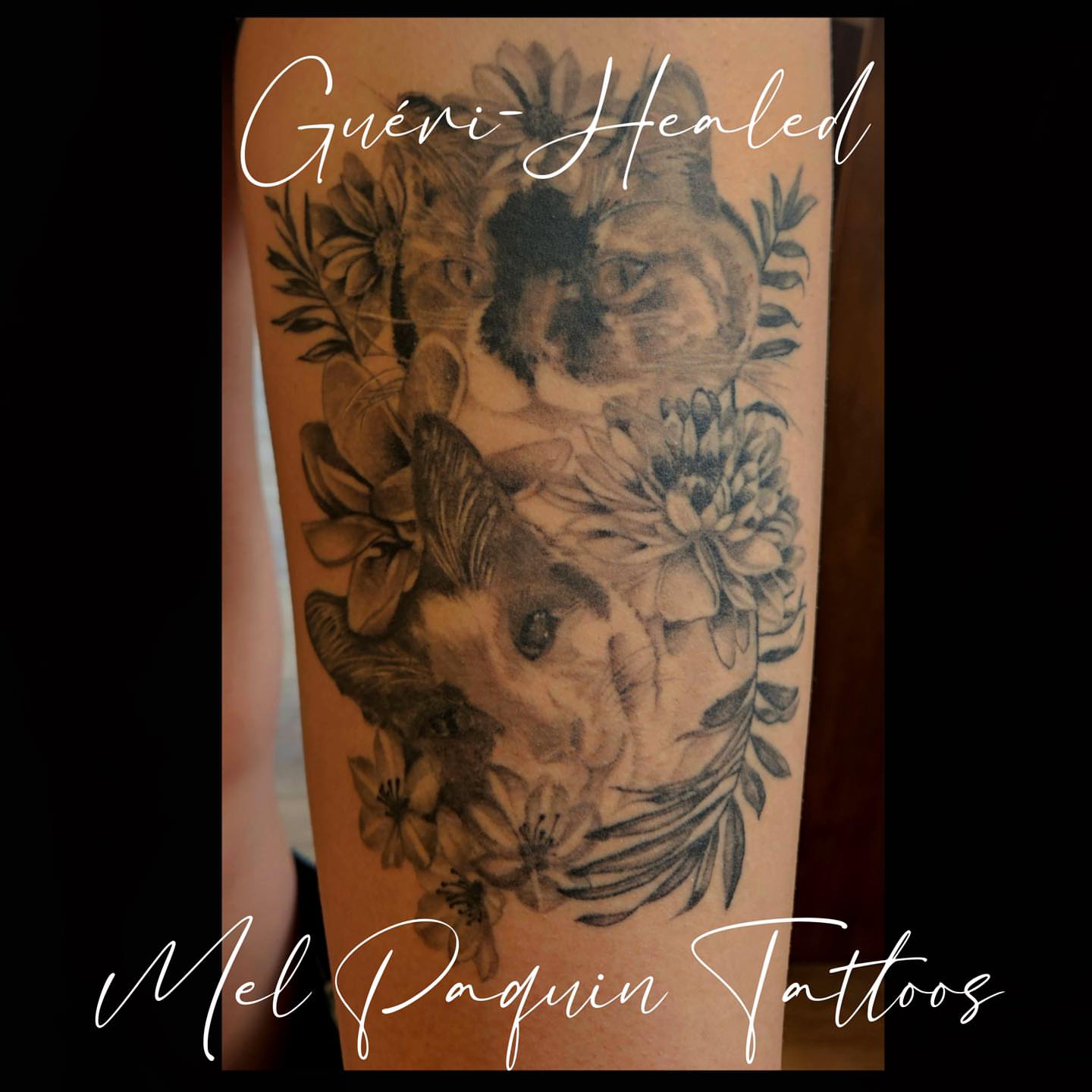 Flower bouquet black and grey tattoo on the forearm by Mel Paquin
