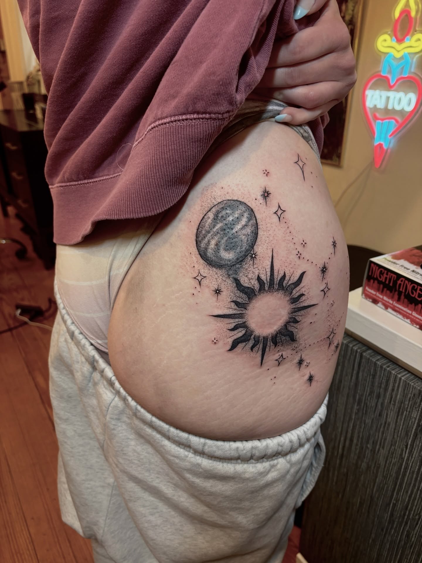 Sun and planet dotwork tattoo on the thigh by V ☆ Cincinnati Tattoo Artist