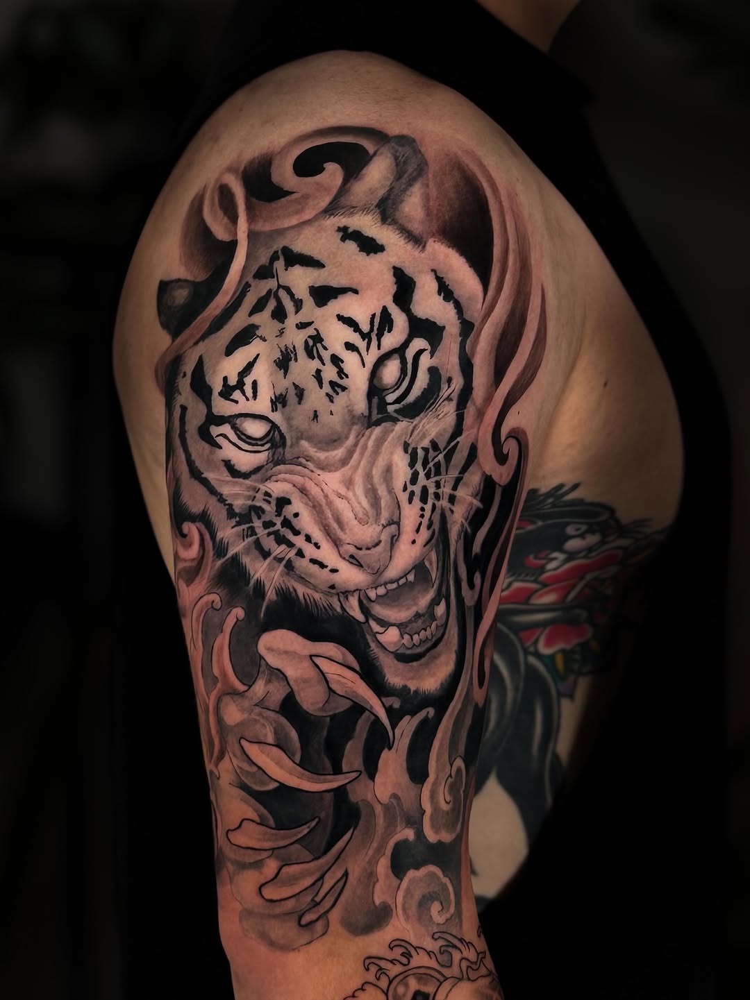 Tiger head with claws realism tattoo on the shoulder by Kai, Charlotte, North Carolina