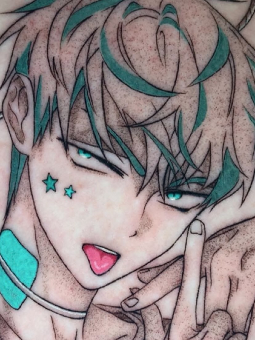 Anime character anime tattoo on the chest by Maddie Rees