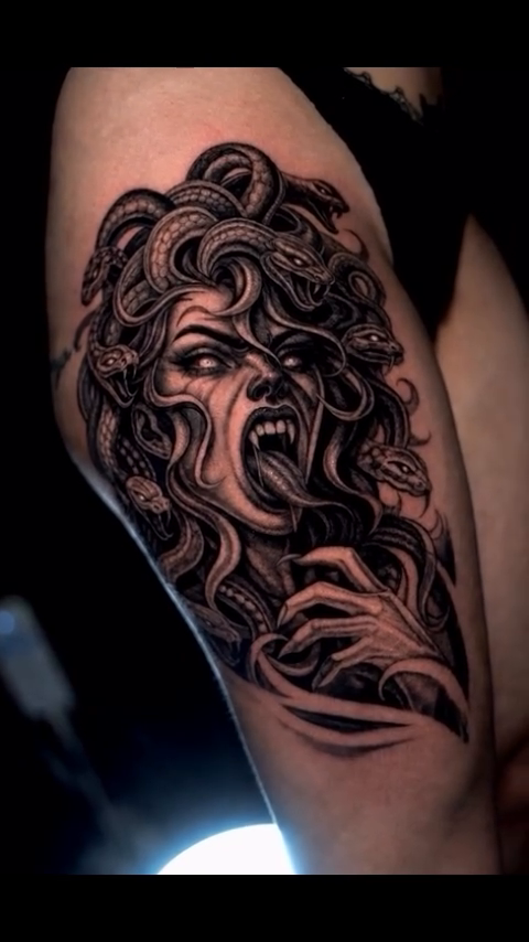 Medusa tattoo realism tattoo on the upper arm by @inkedbystabby, Manchester, New Hampshire