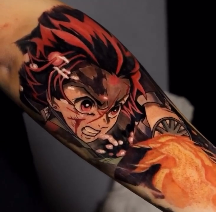 Tanjiro Kamado from Demon Slayer anime tattoo on the forearm by @inkedbystabby, Manchester, New Hampshire