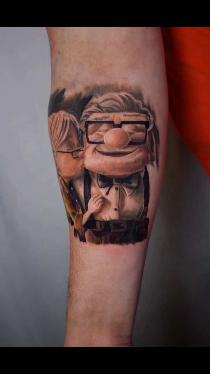 Carl and Ellie from Up new school tattoo on the forearm by @inkedbystabby, Manchester, New Hampshire