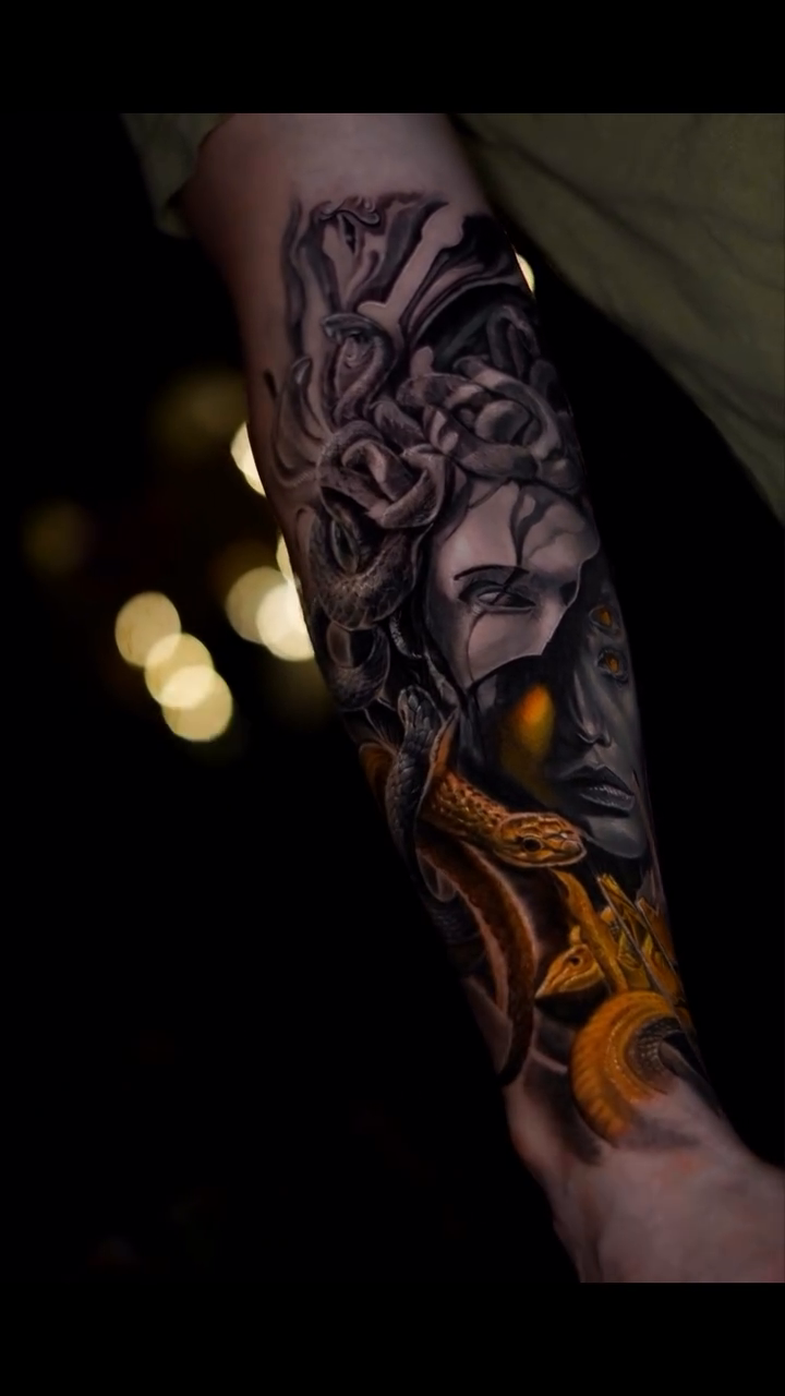 Medusa with snakes realism tattoo on the forearm by @inkedbystabby, Manchester, New Hampshire