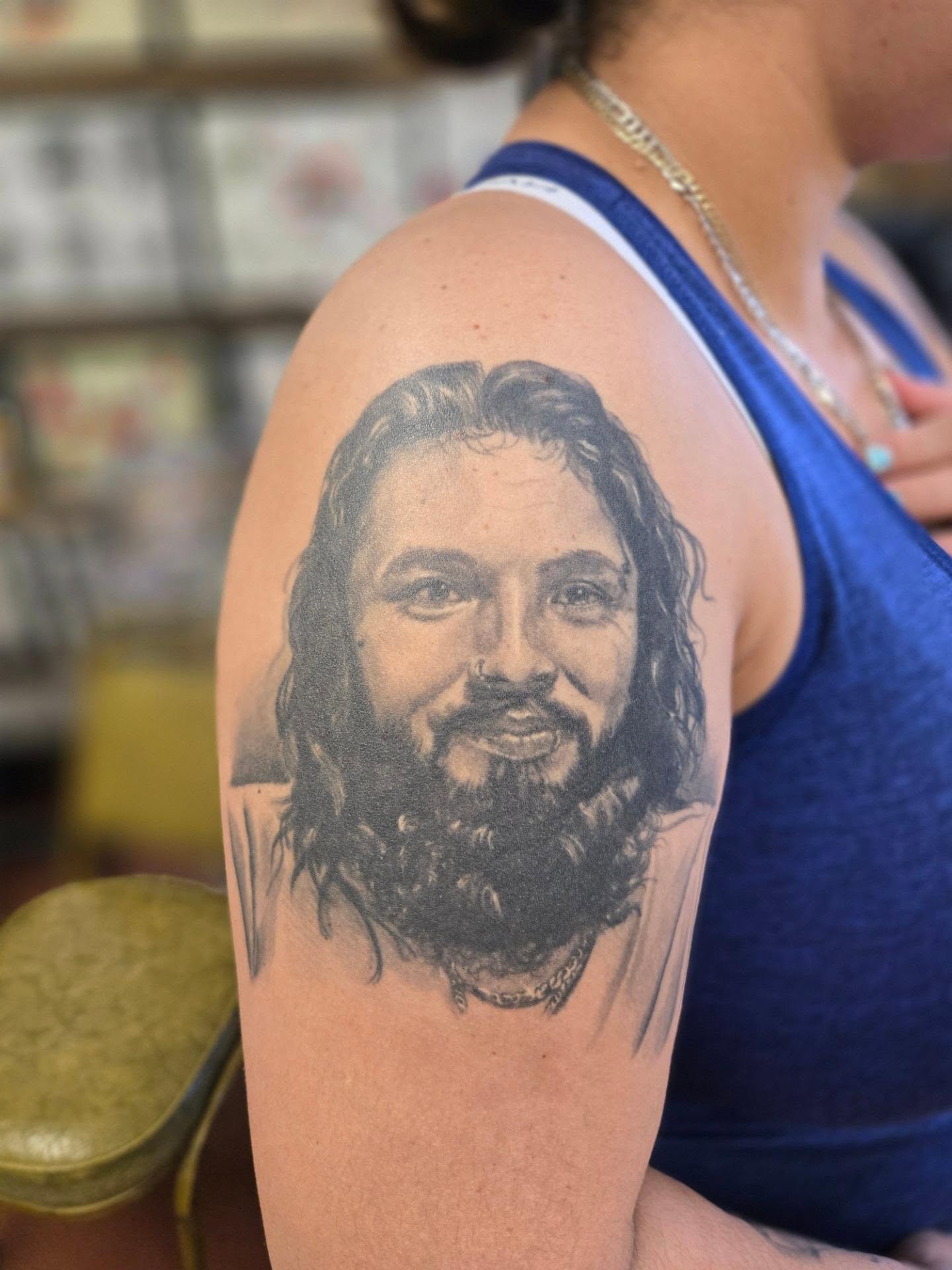 Portrait realism tattoo on the shoulder by Irma π€β¨, Las Vegas, Nevada