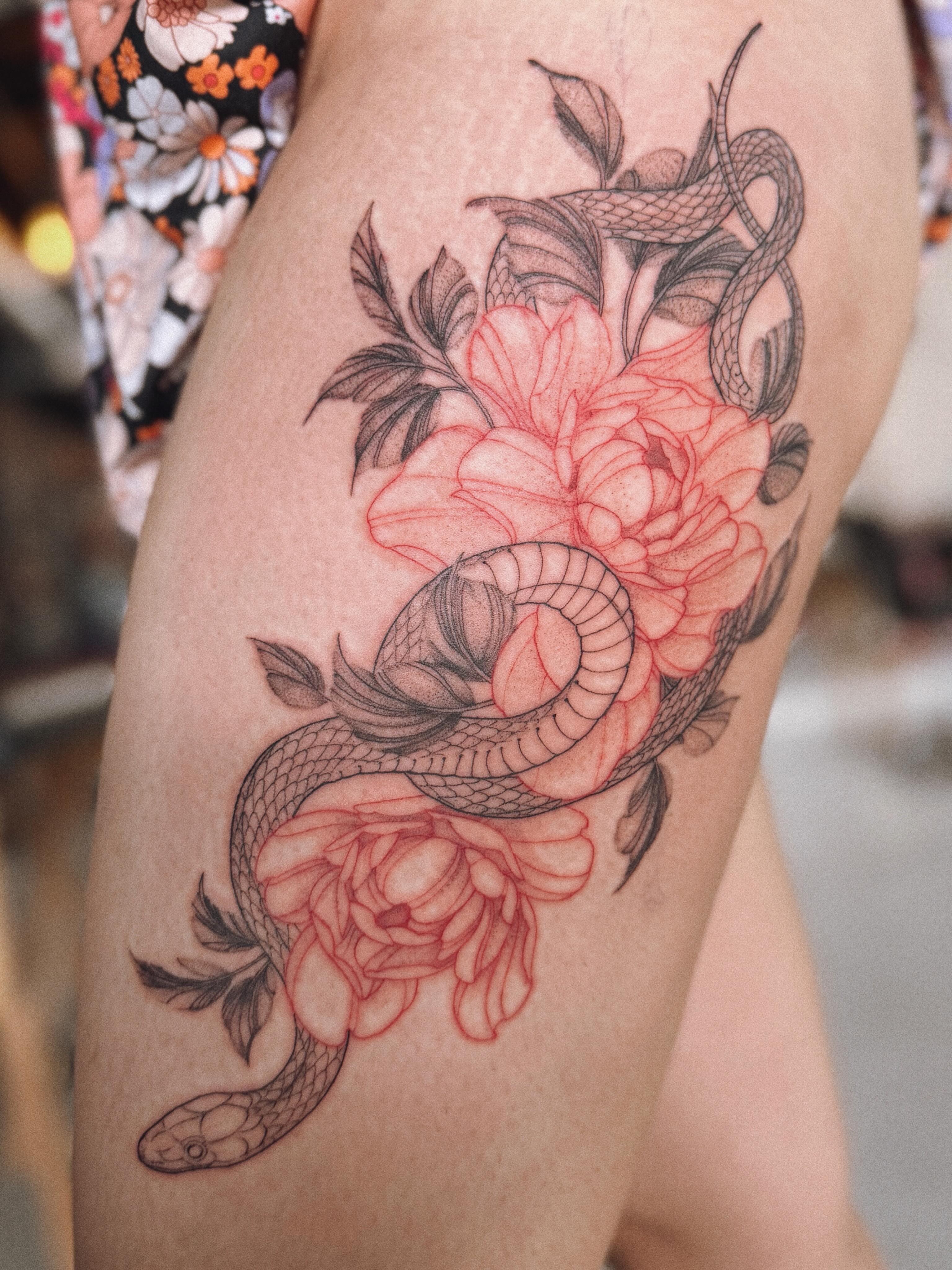 Snake and peony black and grey tattoo on the thigh by a n a b e l l i n o, El Paso, Texas