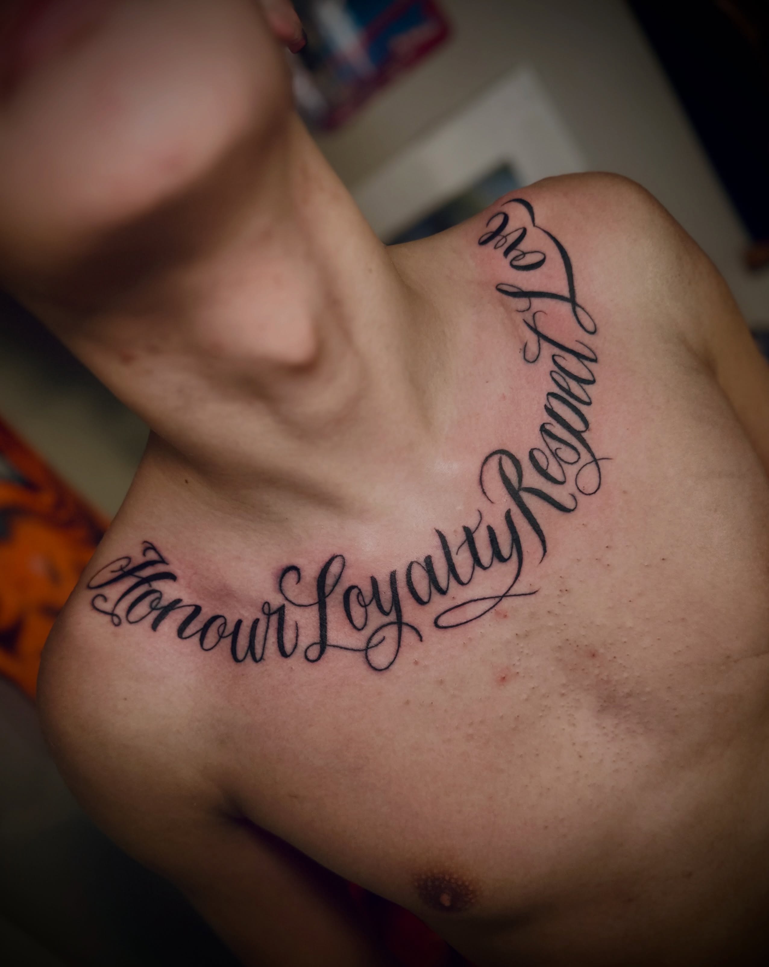Honour Loyalty Regret lettering script tattoo on the chest by @tatt2st