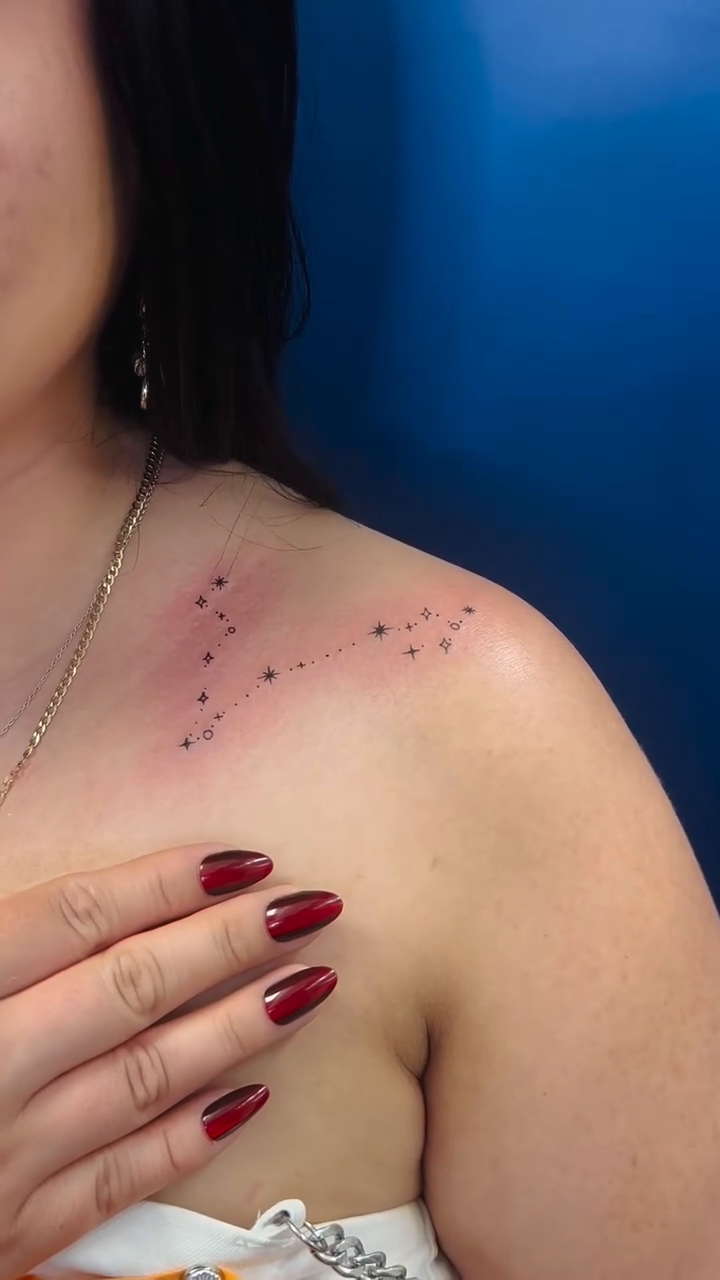 Constellation tattoo on collarbone dotwork tattoo on the chest by Tattoo Takayo