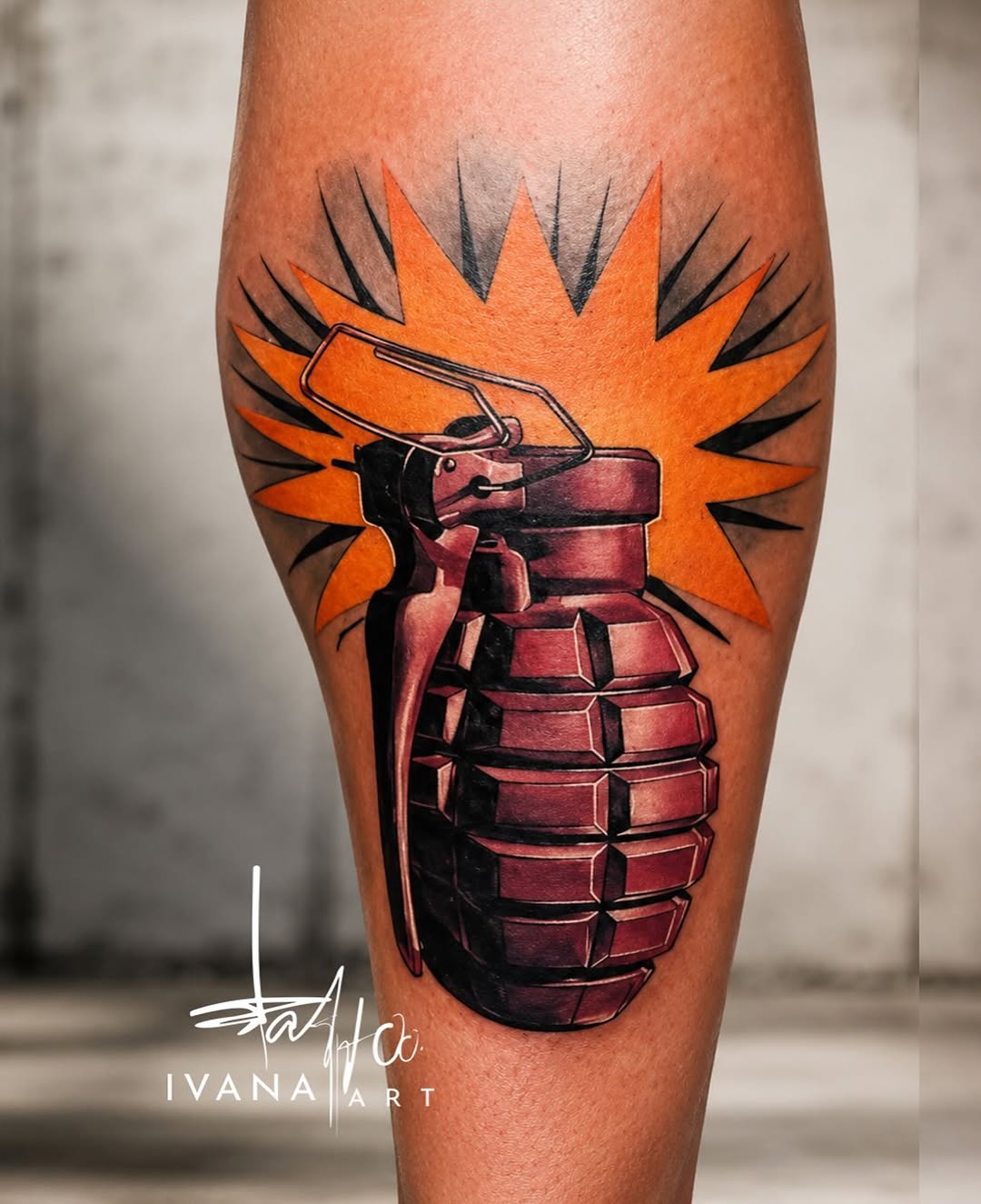 Grenade watercolor tattoo on the calf by Ivana Belakova