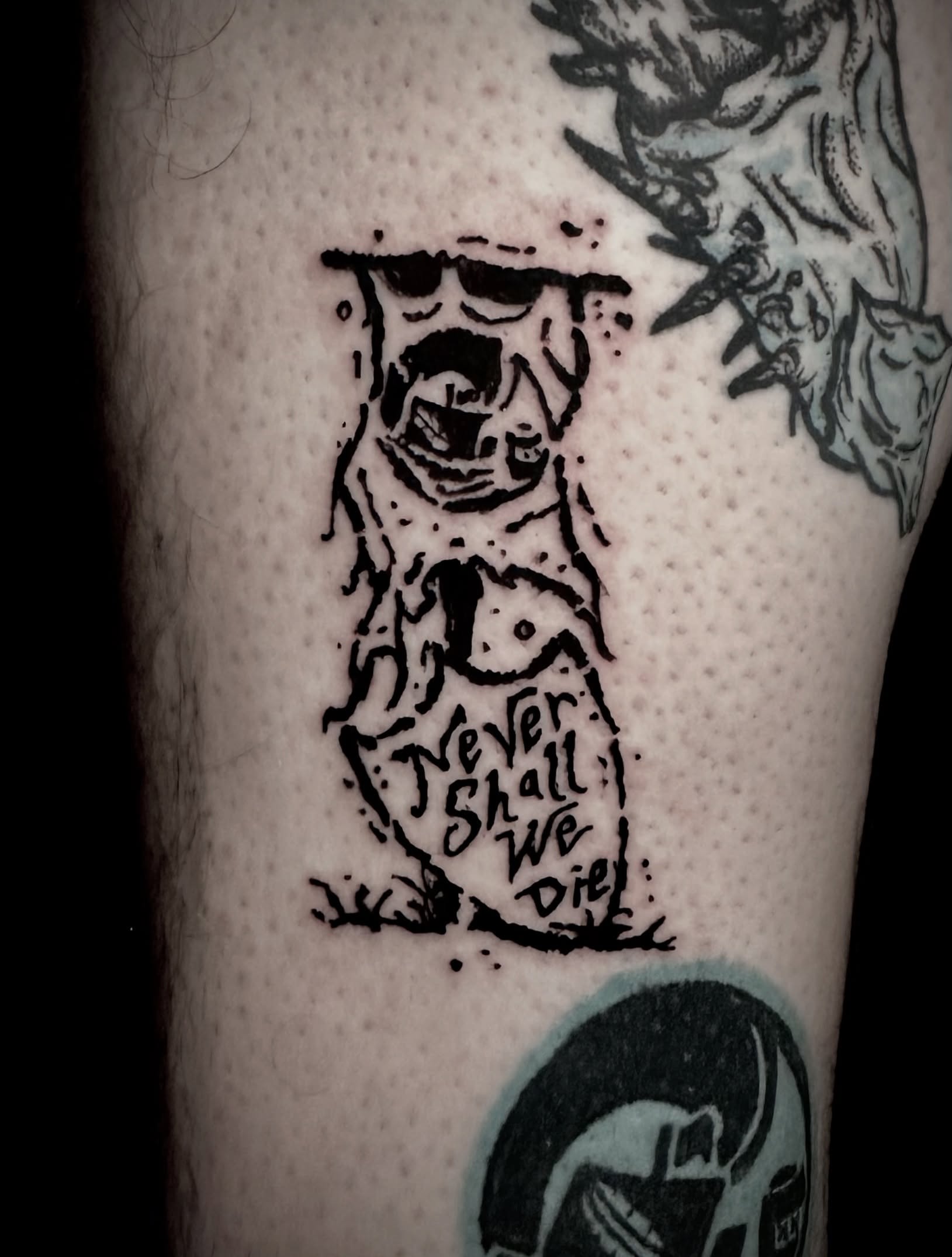 Hourglass with text dotwork tattoo on the forearm by Noah Durany