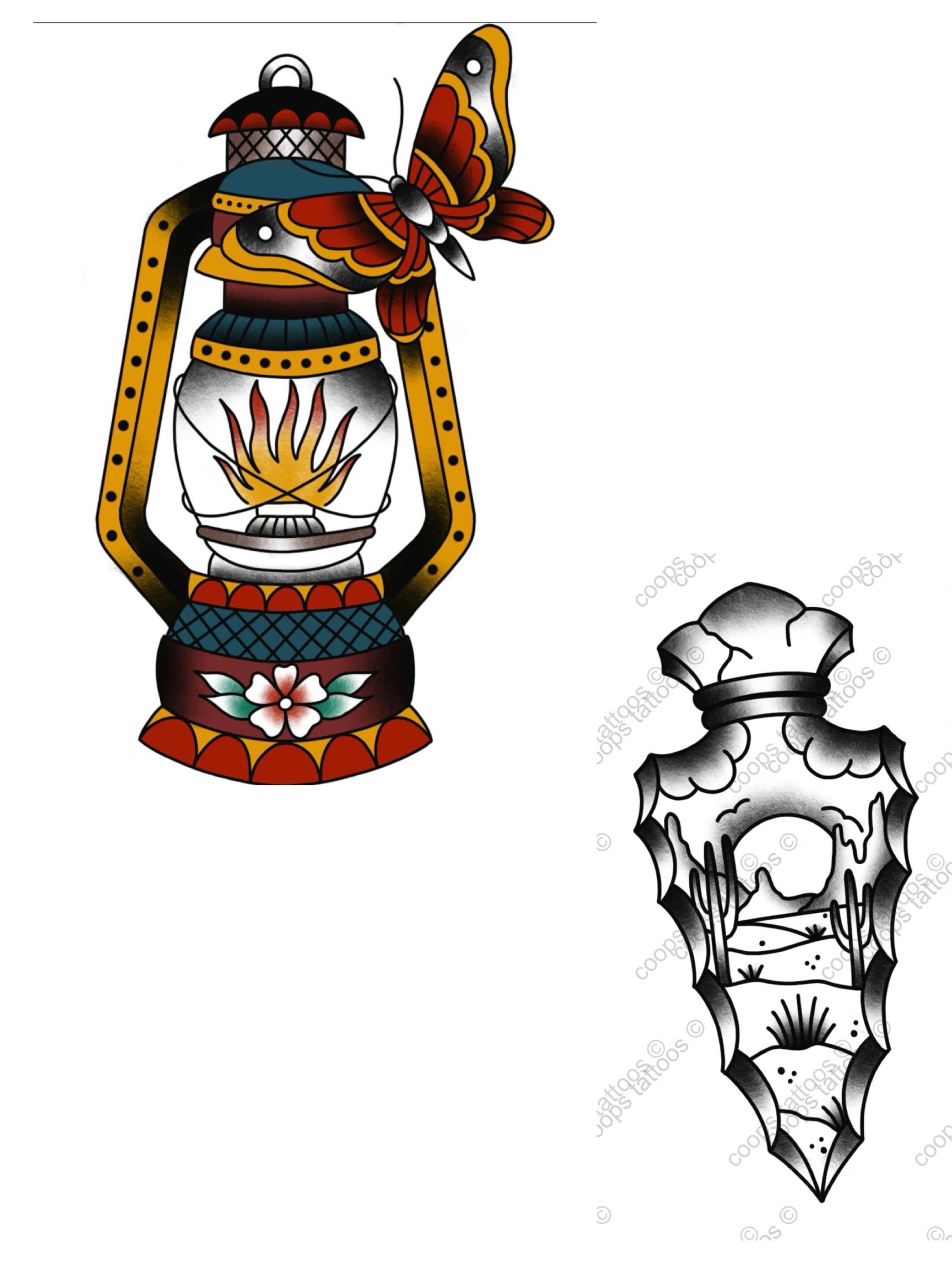 Lantern and butterfly American traditional tattoo by Delaney Cooper